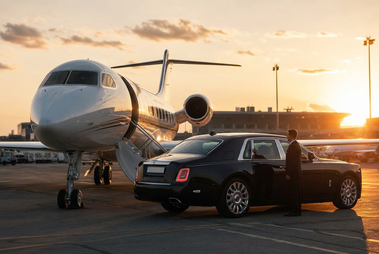 Private jet on tarmac at sunset with luxury sedan
