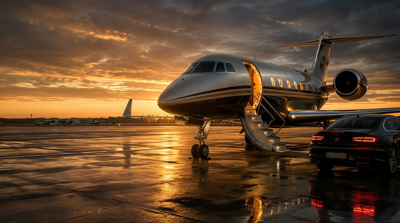 Private jet on tarmac at sunset with luxury sedan